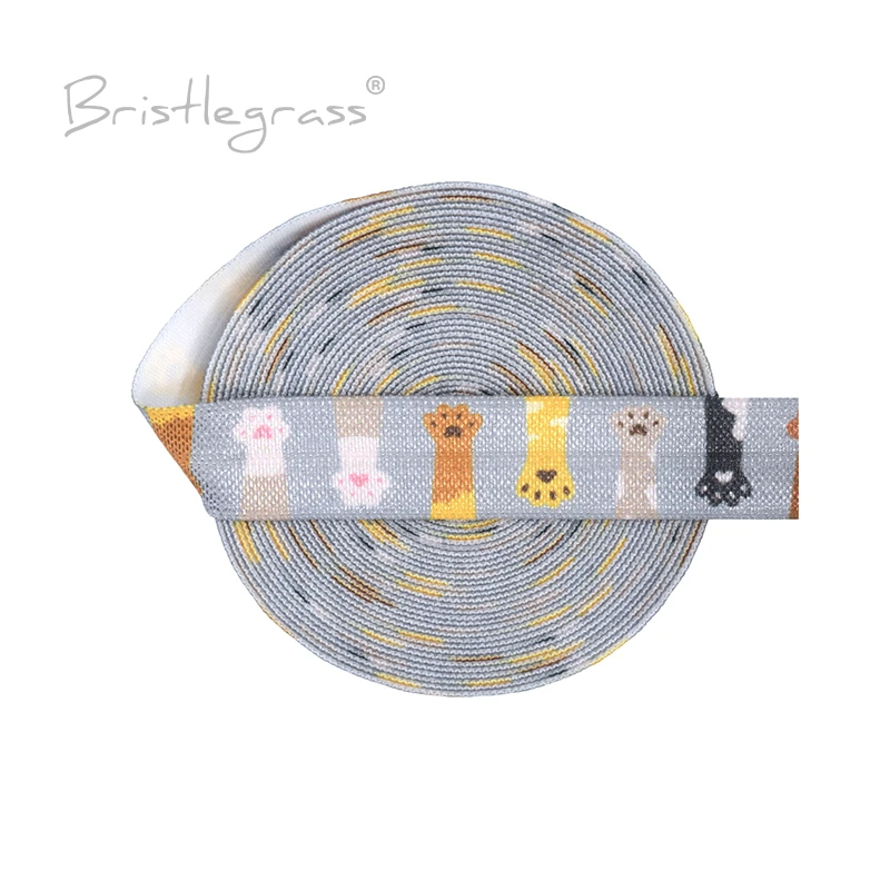 

BRISTLEGRASS 2 5 10 Yard 5/8" 15mm Cat Paw Pet Print FOE Foldover Elastic Spandex Satin Band Hair Tie Headband Dress Sewing Trim