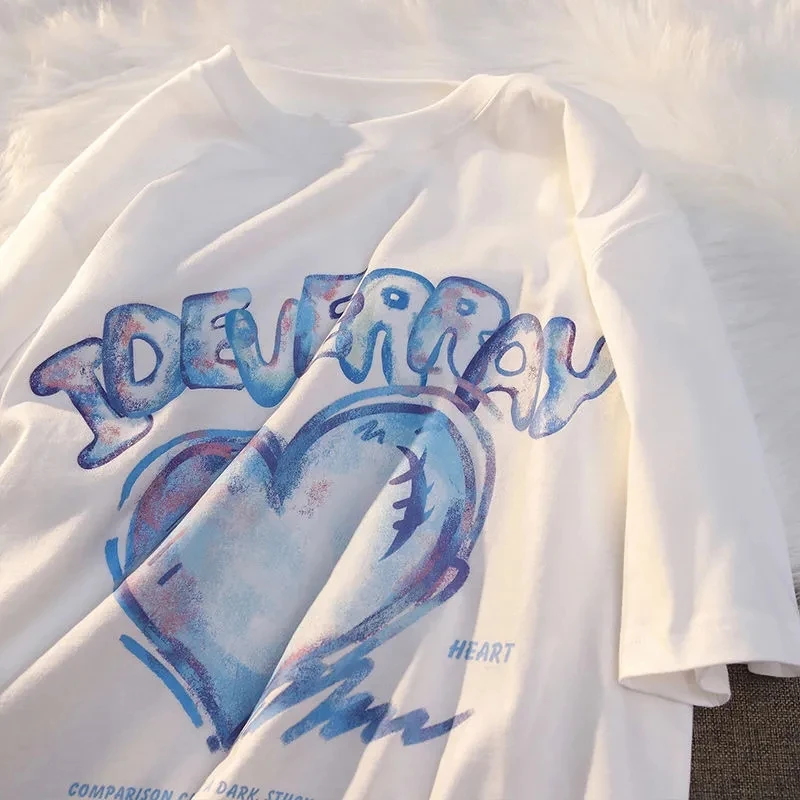 

Hip-hop Sweet Punk Women T-shirt Streetwear Loose Suit Retro Tees Kawaii Love Letter Print Short-sleeved O-neck Y2K Clothes Tops