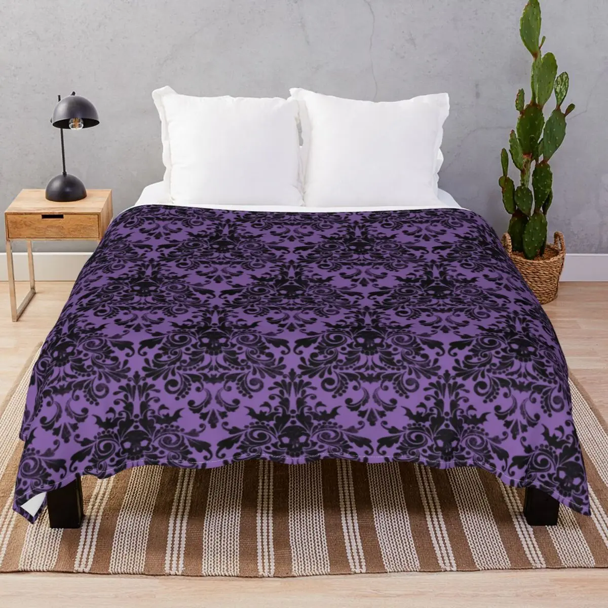 Skull Damask Pattern Blanket Flannel Printed Breathable Unisex Throw Blankets for Bed Home Couch Camp Cinema