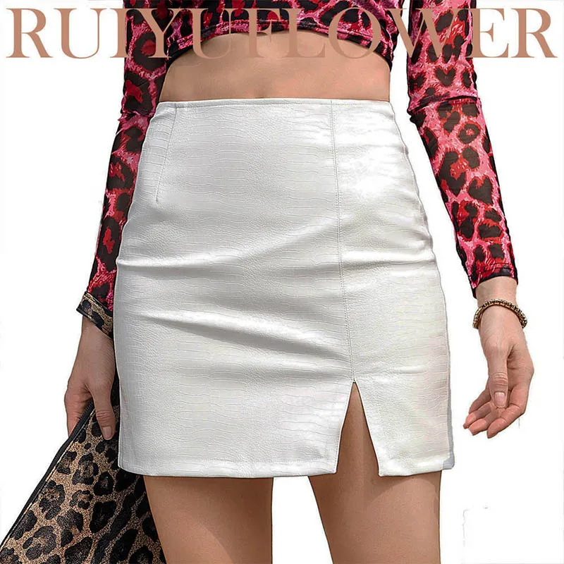 

Spring Autumn Lady Sexy Package Hip High Waist White Slim Mini PU Skirt Short Faux Snake Crocodile Female Leather Women Clothing