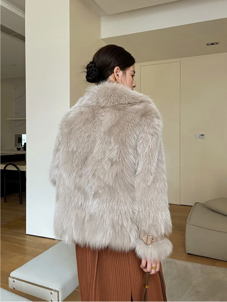 New Women Real Fox Fur Coat Autumn Winter Luxurious Fashion Goose Down Liner Fox Belly Fur Jacket Young Double-faced Fur Coat