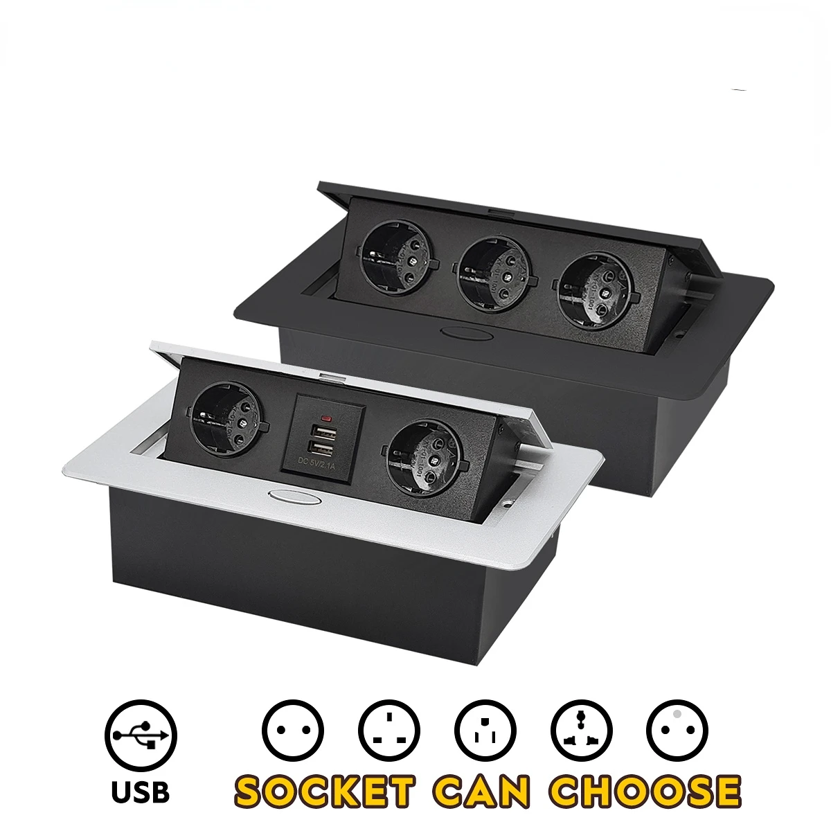 

Russian Standard EUR Hidden Type Table Socket 2/3 Way Electrical Outlet 2500W Power three Outlet household Metal panel 5V 2A USB