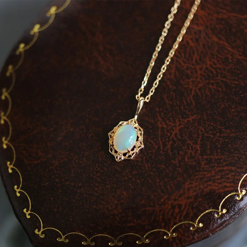 

925 Sterling Silver Plated 14K Gold Opal Inlaid Zircon Retro Gemstone Ring Necklace French Fashion Trendy Jewelry Set Girl Gift