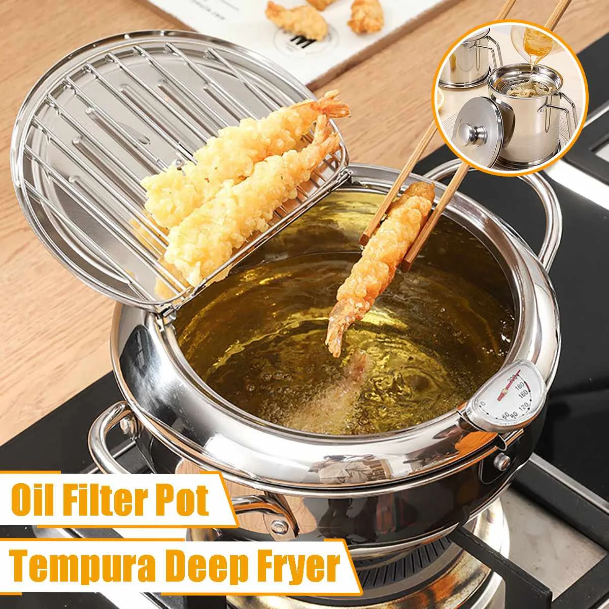 

20/24cm Japanese Deep Frying Pot Lid 304 Stainless Steel Kitchen Tempura Fryer Pan with Thermometer Oil Fitter Cookware Handle