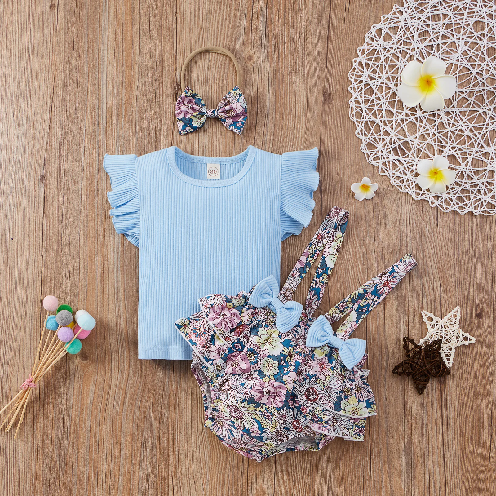 Комплект летней одежды для девочек футболка с оборками на рукавах юбка цветочным