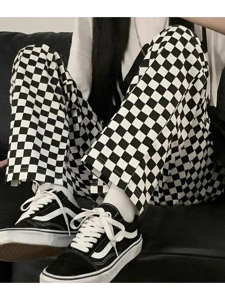 Женские широкие брюки в клетку HOUZHOU черные и белые Корейском стиле Харадзюку
