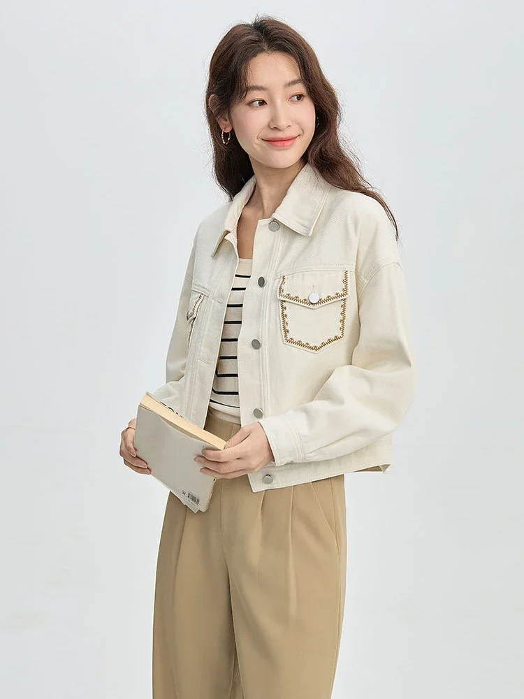 Женская джинсовая куртка с вышивкой бежевая Повседневная однобортная Ceketler