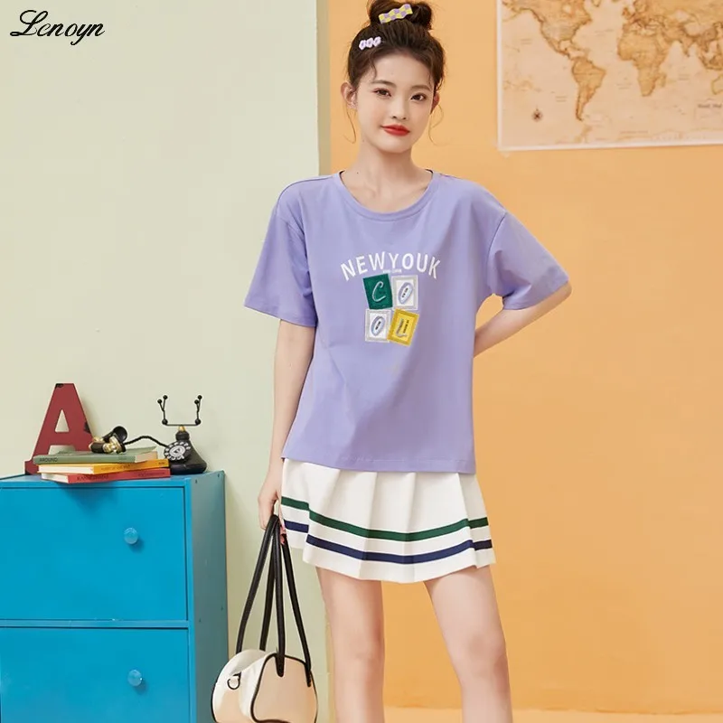 

Lenyon2023 Summer New Women's Girls' T-shirt White ins Style Small Fresh Sweet Short Sleeve Letter Print T-shirt