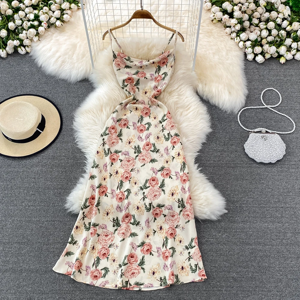 

Платье пляжное с цветочным принтом, модное закрытое тонкое платье средней длины с открытой спиной, на бретелях, без рукавов, для отдыха на мо...