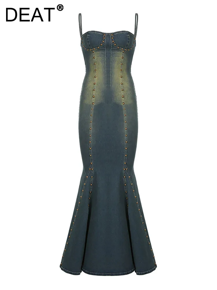 

DEAT Women's Denim Strap Dress High Waist Rivet Patchwork Wash Do Old Pleated Mermaid Dresses 2023 Summer New Fashion 29L1208