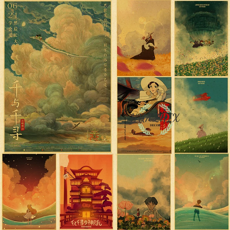 

Hayao Miyazaki Anime Posters Spirited Away Kiki's Delivery Service Retro Kraft Paper Room Home Bar Cafe Decor Art Wall Paintings