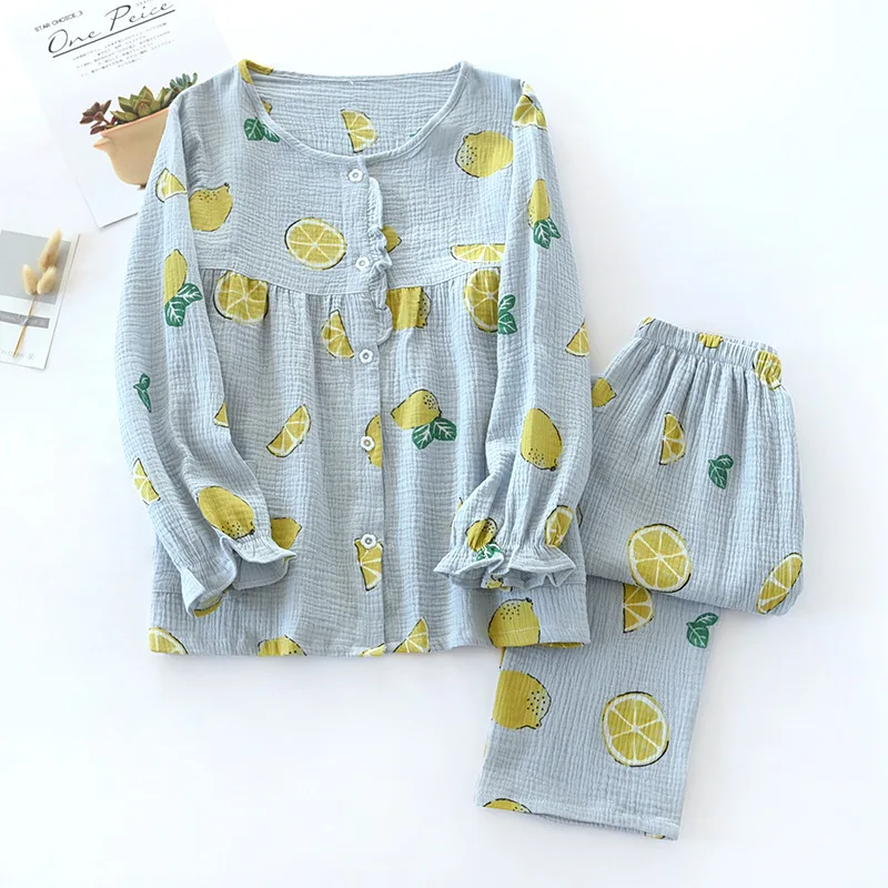 

Women's Spring Autumn Pure Cotton Crepe Pajamas Set Long Sleeve Lemon Sleepwear Ladies Loose Round Collar Thin Summer Home Wear