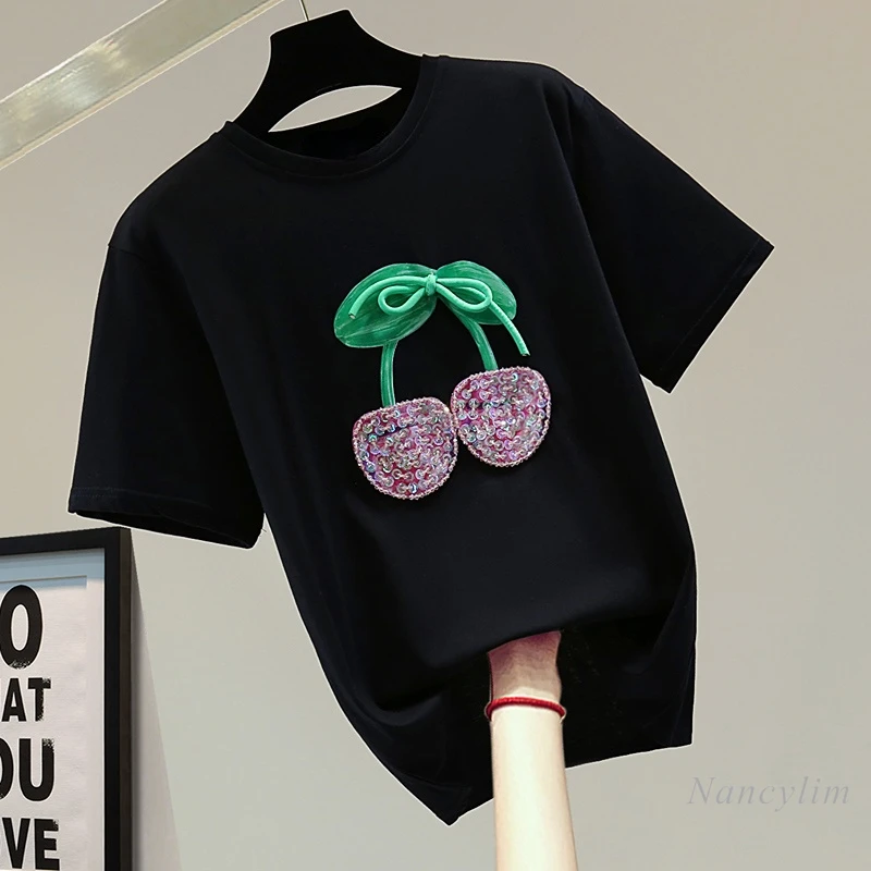 

Cherry Printed Short-Sleeved T-Shirt for Women 2022 Summer Korean Style Loose Bow Sequins Casual Crew Neck Top Fashion Tees