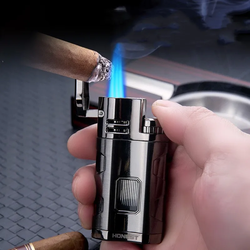 

Металлическая уличная ветрозащитная газовая зажигалка с тройным пламенем, яркая турбина, бриллиантовая портативная Зажигалка для сигар