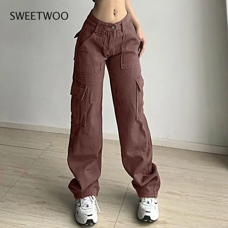 

Повседневные свободные винтажные мешковатые джинсы, женские уличные брюки-карго в стиле 90-х с карманами и широкими штанинами, прямые джинсо...