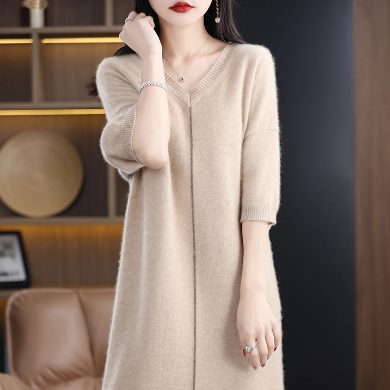 FRSEUCAG Cashmere dress sweater new 23 pullover women's knitting V-neck loose long women's 100% pure wool dress sweater summer