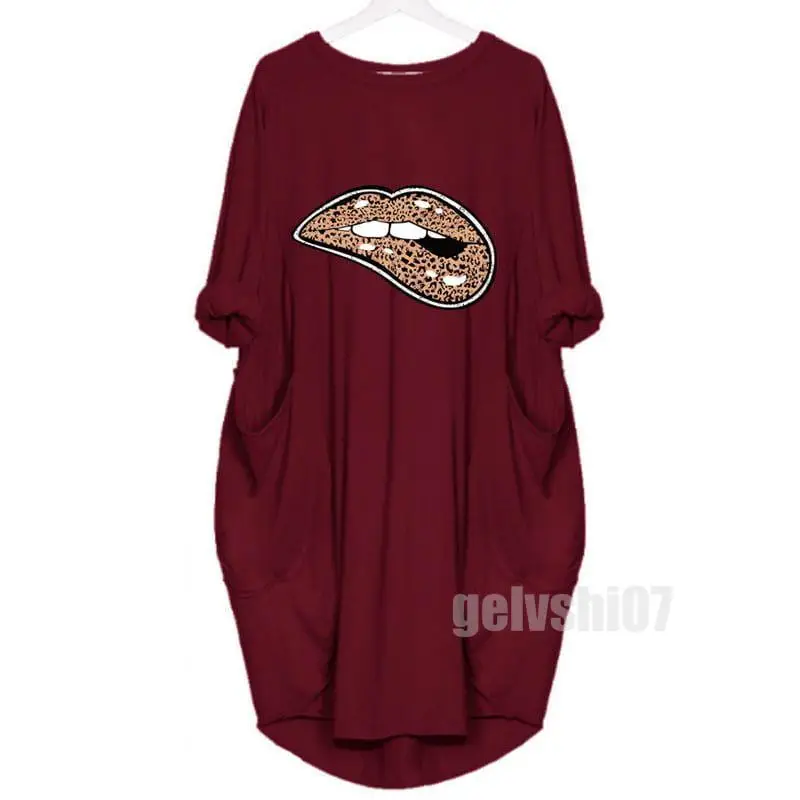 

New Personality Leopard Print Lips Printed Dress Vintage Women Dress Streetwear Harajuku Midi O-Neck Female Long Sleeve Dresses