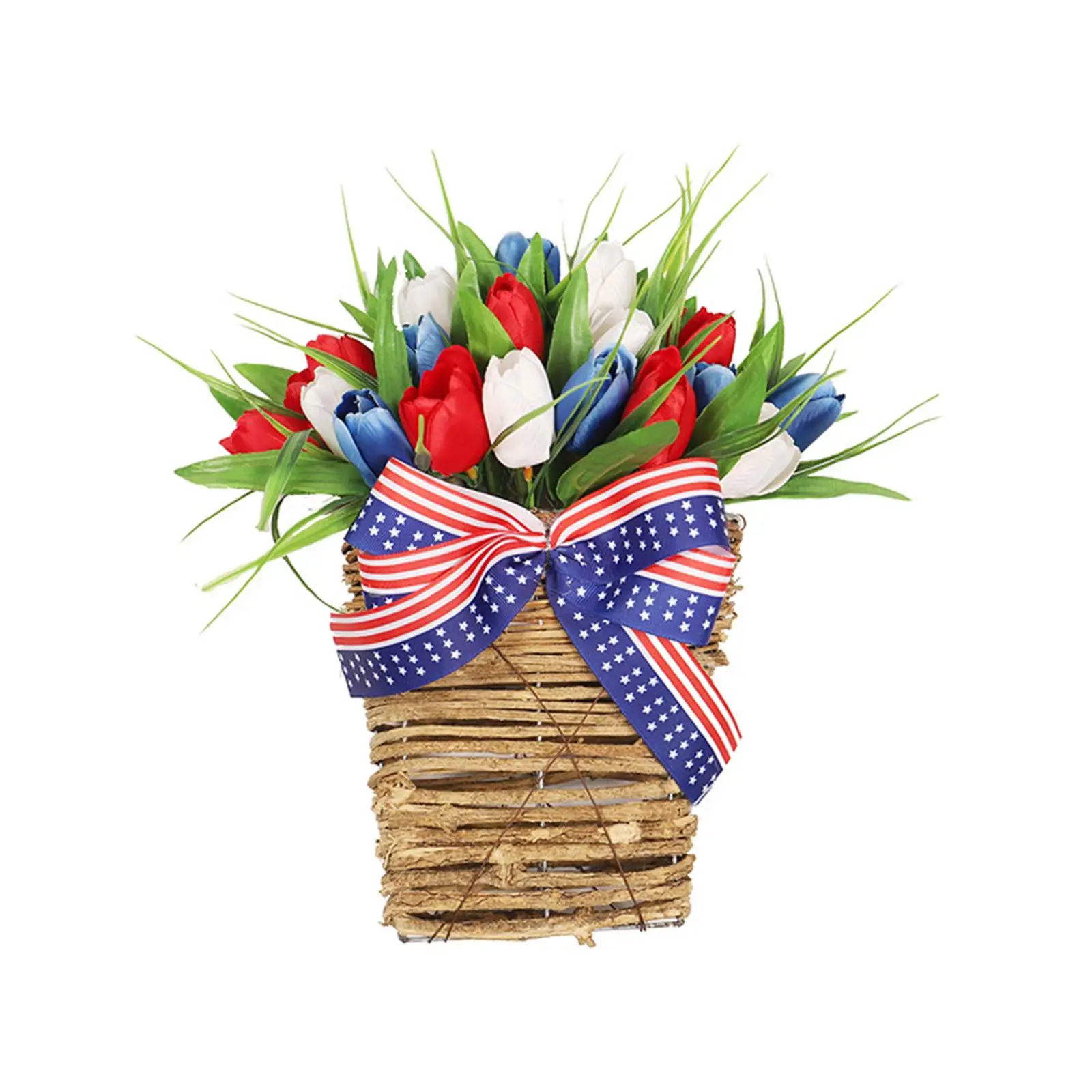

Patriotic Independence Day Wreath Greenery Handmade Hanging Plant in Basket Front Door Wreath for Garden Window Balcony