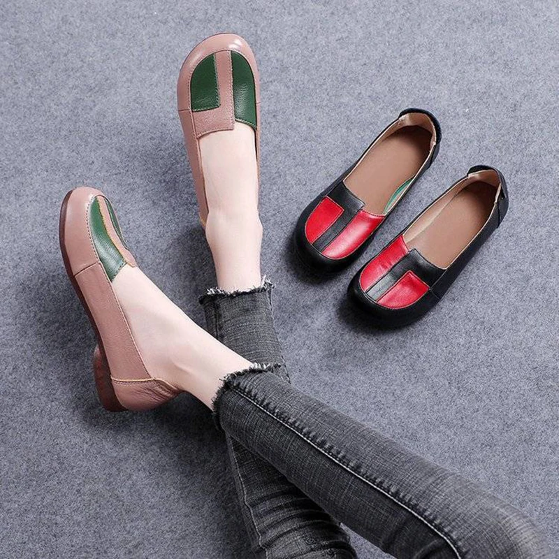 

Large Size 42 Ballet Flats Women's Luxury Genuine Leather Shoes Mom Comfortable Driving Loafers Ladies Patches Slip On Moccasins