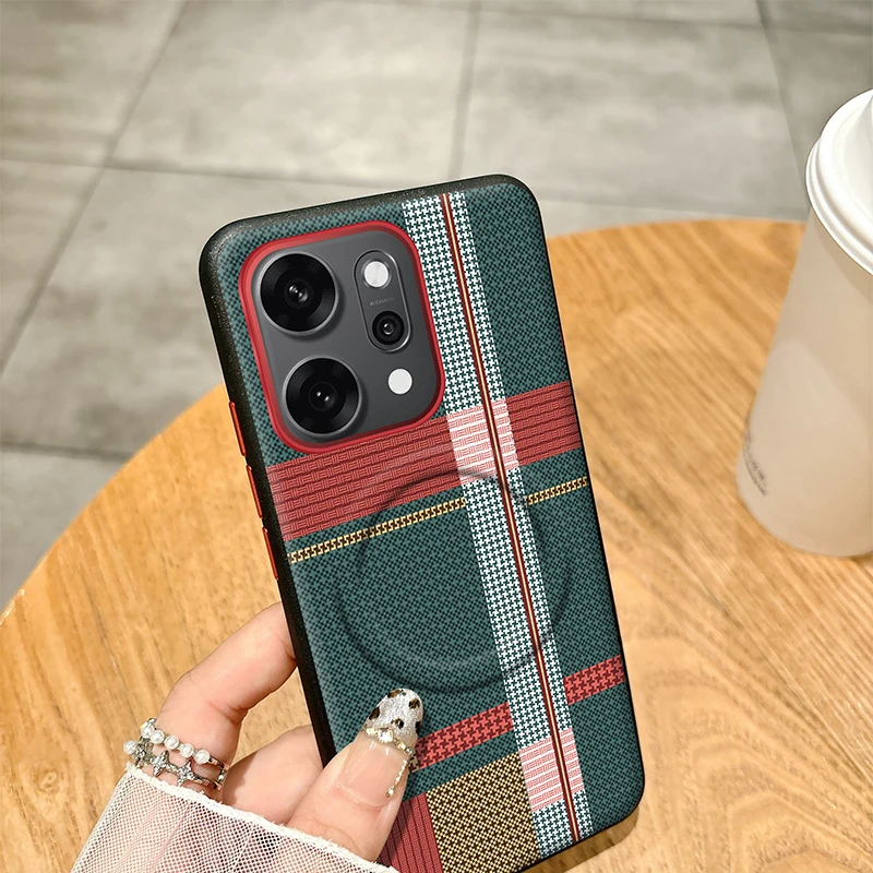 Фото Чехол для Oppo Reno14 Pro, красный, зеленый, в полоску, кожаный чехол Magsafe, индивидуальные металлические ключи, матовый, противоскользящий, мягкий чехол №5