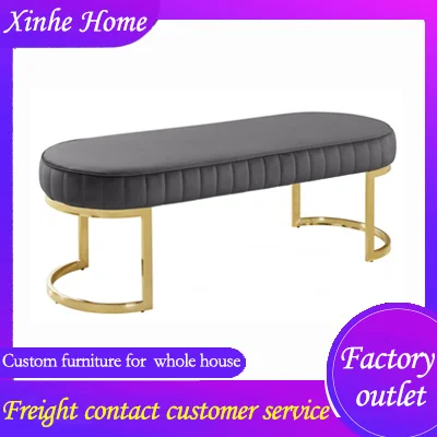 

Vintage Modern Furniture Velvet Sofa Blue Tufted Button Ottoman Golden Metal Leg Bench End Bed Bench