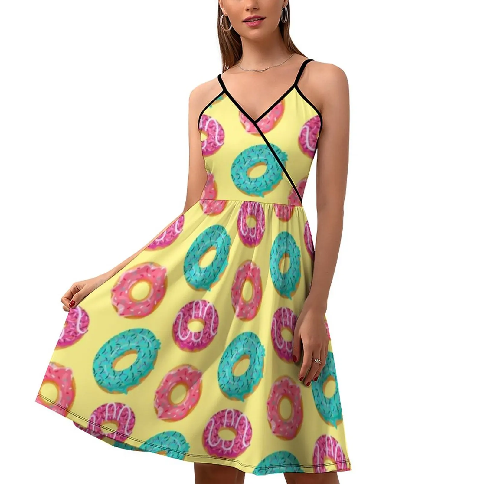 

Sprinkled Doughnut Dress Woman Colorful Cartoon Food Street Wear Printed Dresses Spring Off Shoulder Cute Casual Dress Gift Idea