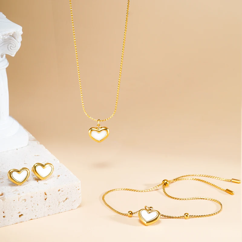 

PAXA 3PCS White Shell Heart Stainless Steel Jewelry Sets For Women Luxury Elegant Earrings Necklaces Bracelet 2022 Fashion Gifts