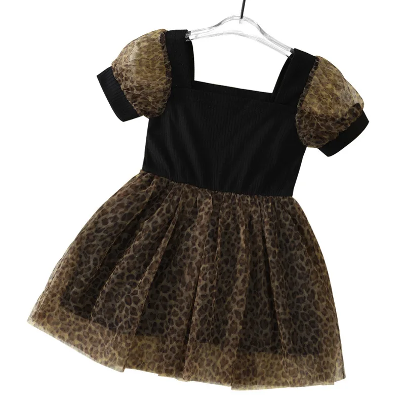 

Платье для девочек, черная юбка с коротким рукавом и леопардовым принтом, модная детская юбка с квадратным вырезом