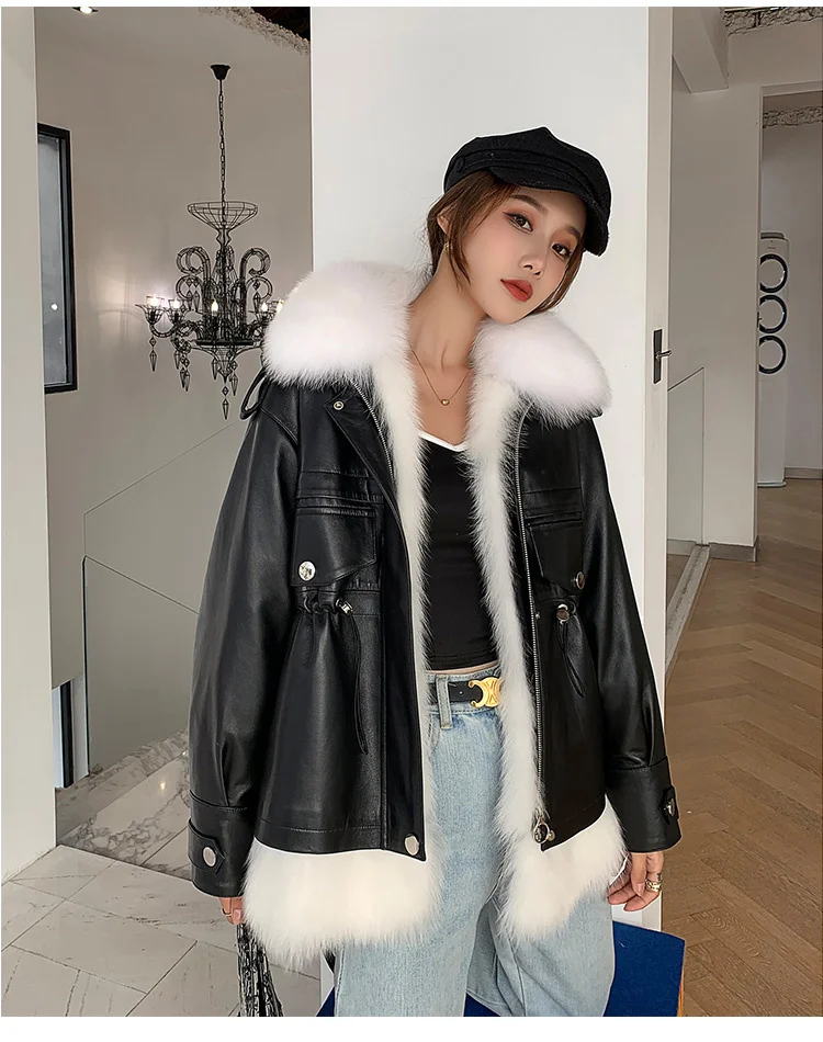 

Genuine Leather Jacket Women Winter Sheepskin Coat Female 90% White Duck Down Jackets Fox Fur Collar Abrigo Mujer2023