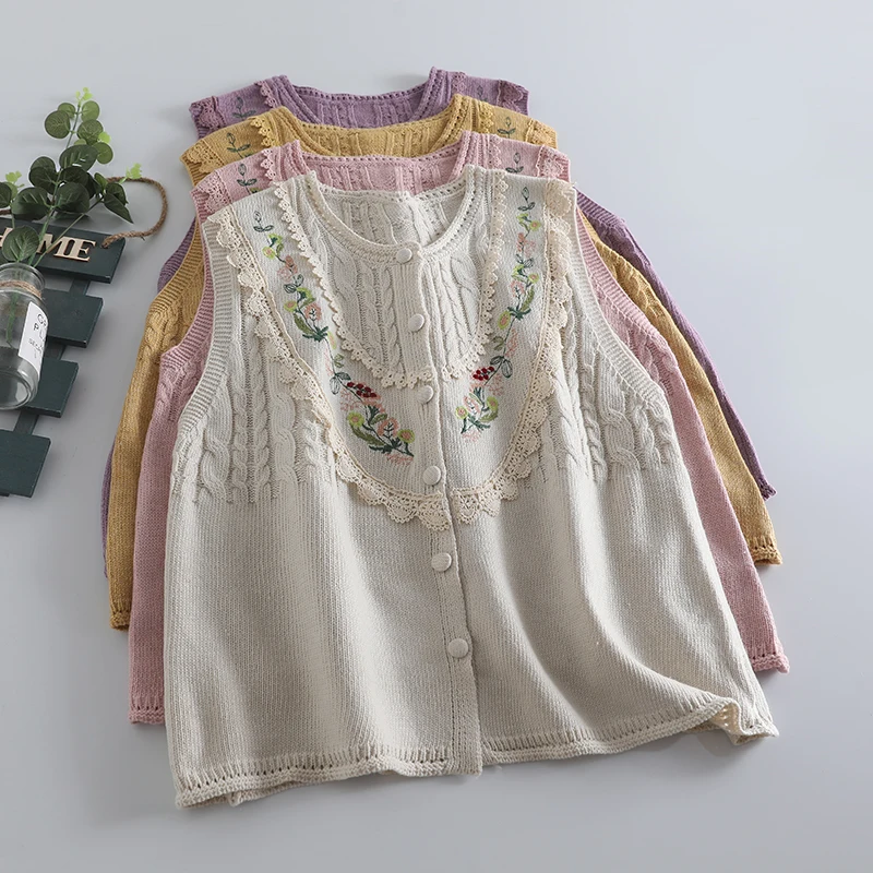

Autumn New Sweet Mori Style Embroidery Sweater Vest Women Sleeveless Top