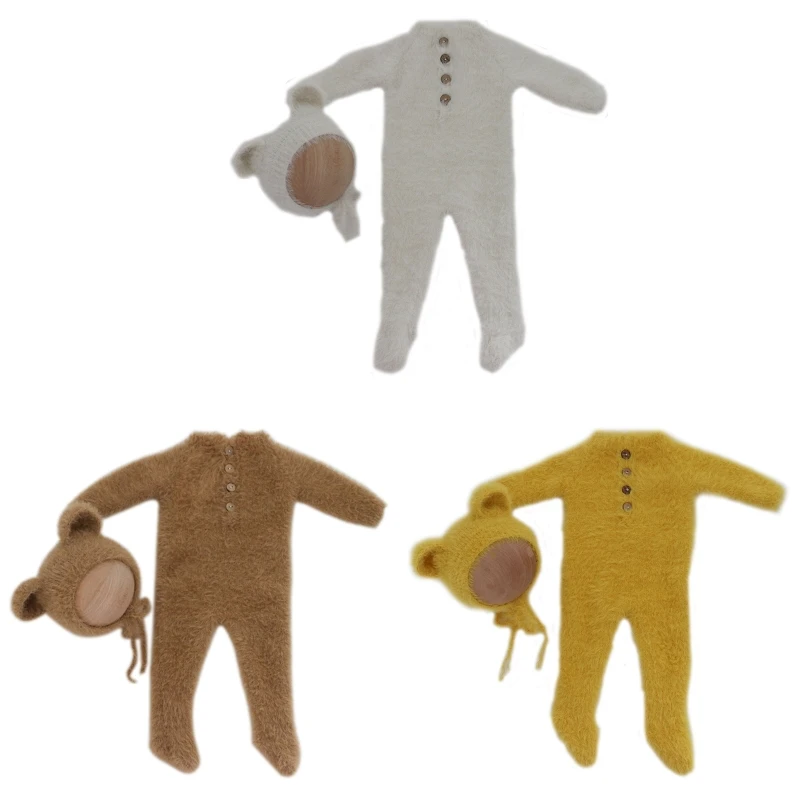 

2 Pcs/Set Newborn Photography Props Outsuits Baby Knitted Romper Cute Ears Hat Set Infants Photo Shooting Beanies Cap