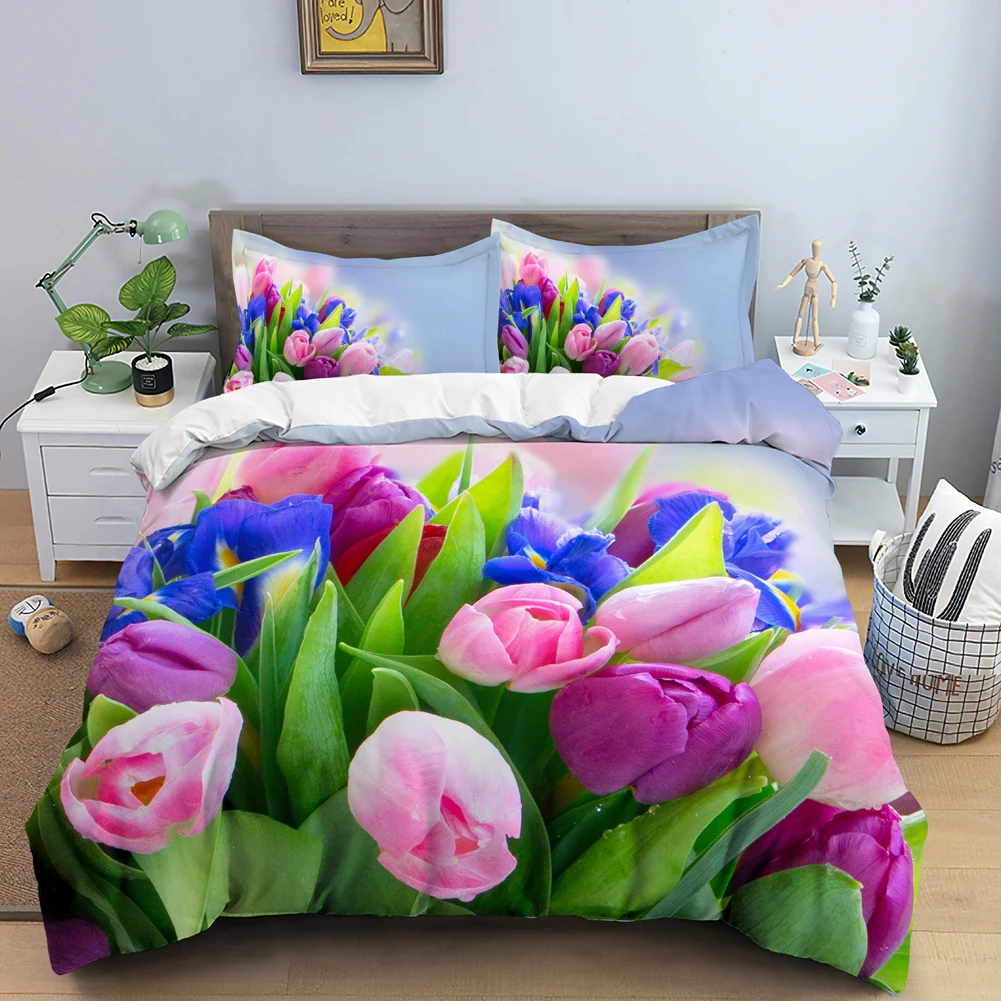 

Luxury 3D Tulip Rose Print Set Quilt Cover for King Double Size 210x210/220x240cm Wedding Decor Duvet Cover Bedding Set