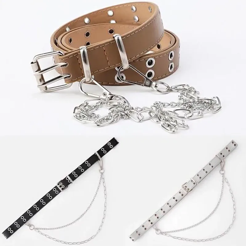 

Fashion Trend Chain Decoration Casual Pants Belt Literary Ladies Double Row Eyelet Buckle Thin Belt Hollow Pin Buckle Belt Women