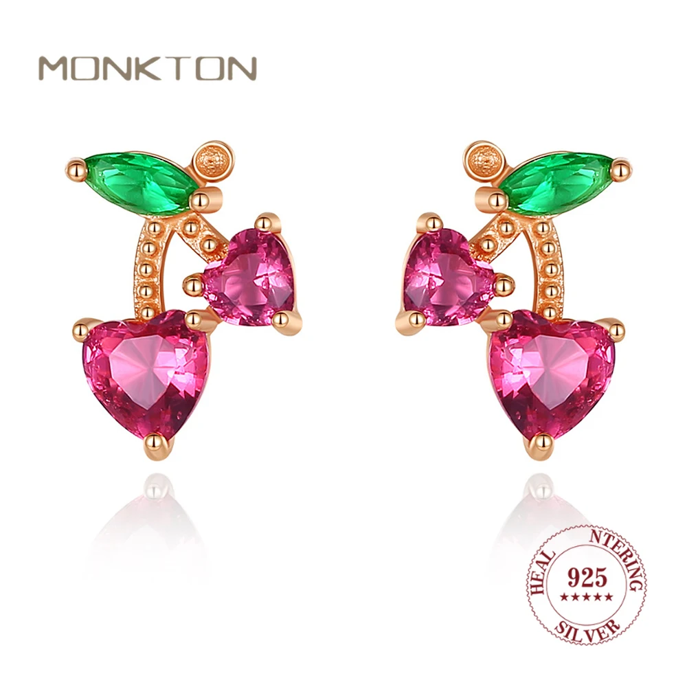 

Monkton 925 Sterling Silver Shiny Cherry Stud Earrings for Women Rose Gold Colorful Zircon Hearts Earring Jewelry Fruit Earring