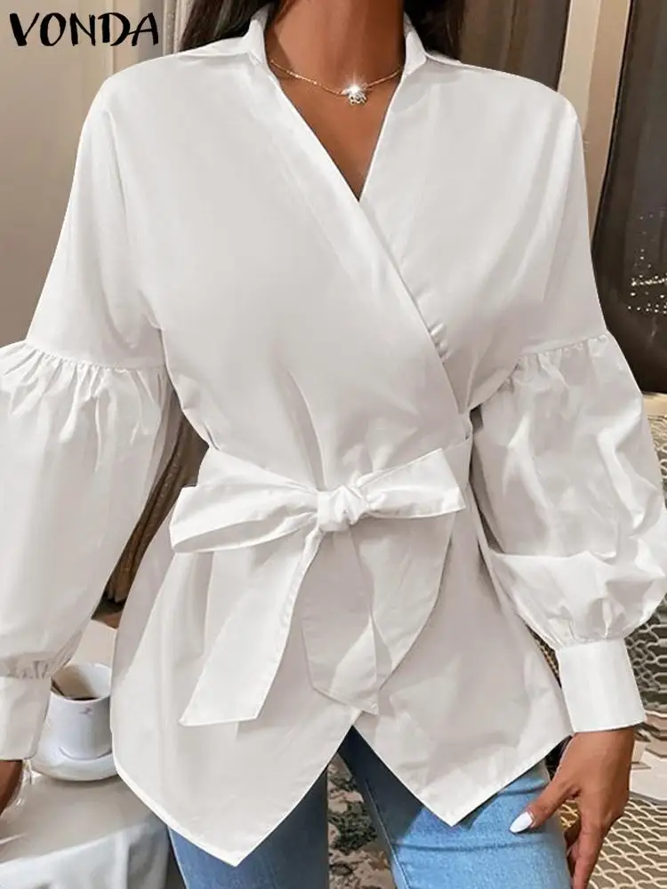 

Fashion Shirts Women Blouse VONDA Solid Color Tops 2023 Autumn Lapel Party Belted Long Sleeve Casual Elegant OL Blusas Femininas