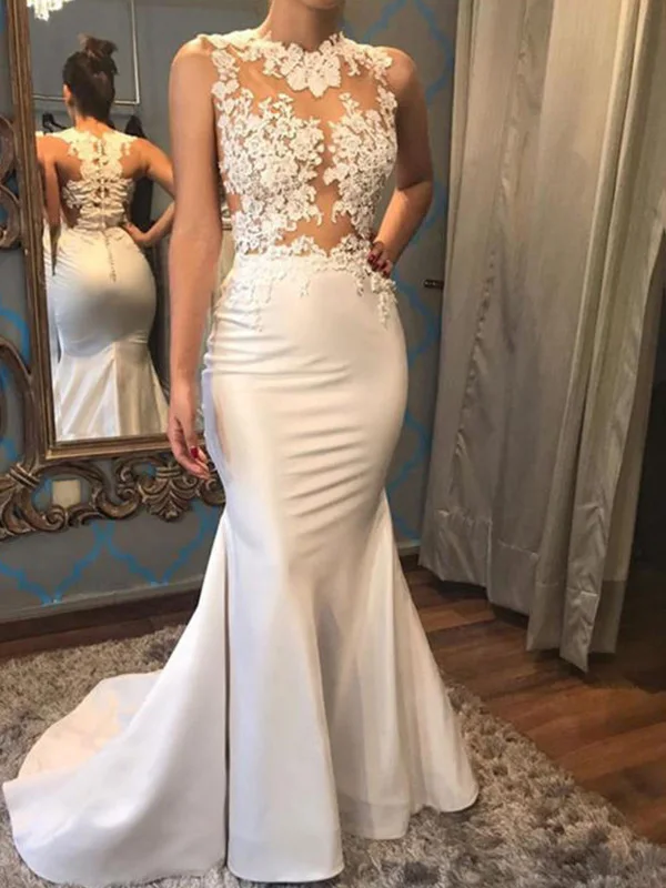 

Sexy O Neck White Lace Mermaid Wedding Dresses Trumpet See Through Appliques Bridal Gowns Button Back Satin Skirt Sweep Train