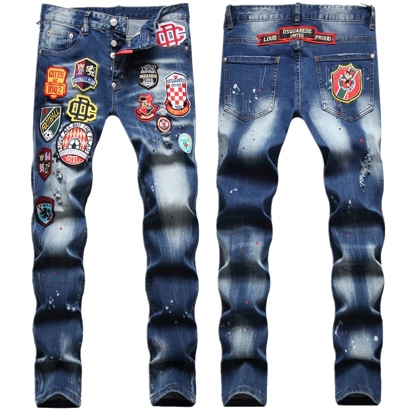 

Men Button Fly Blue Denim Pants Fashion Badget Design DSQ2 Stylish Stretch Slim Fit Jeans