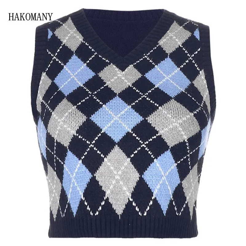 

90s Streetwear Argyle Plaid Knitting Sleeveless Sweater Female Knitwear Preppy Style Y2K Clothes V Neck Casual Crop Sweater Vest