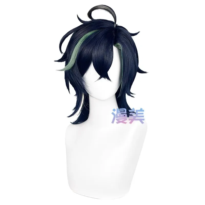 Парик для косплея Kinich Game Genshin ударопрочный 35 см короткие волосы с синим и зеленым
