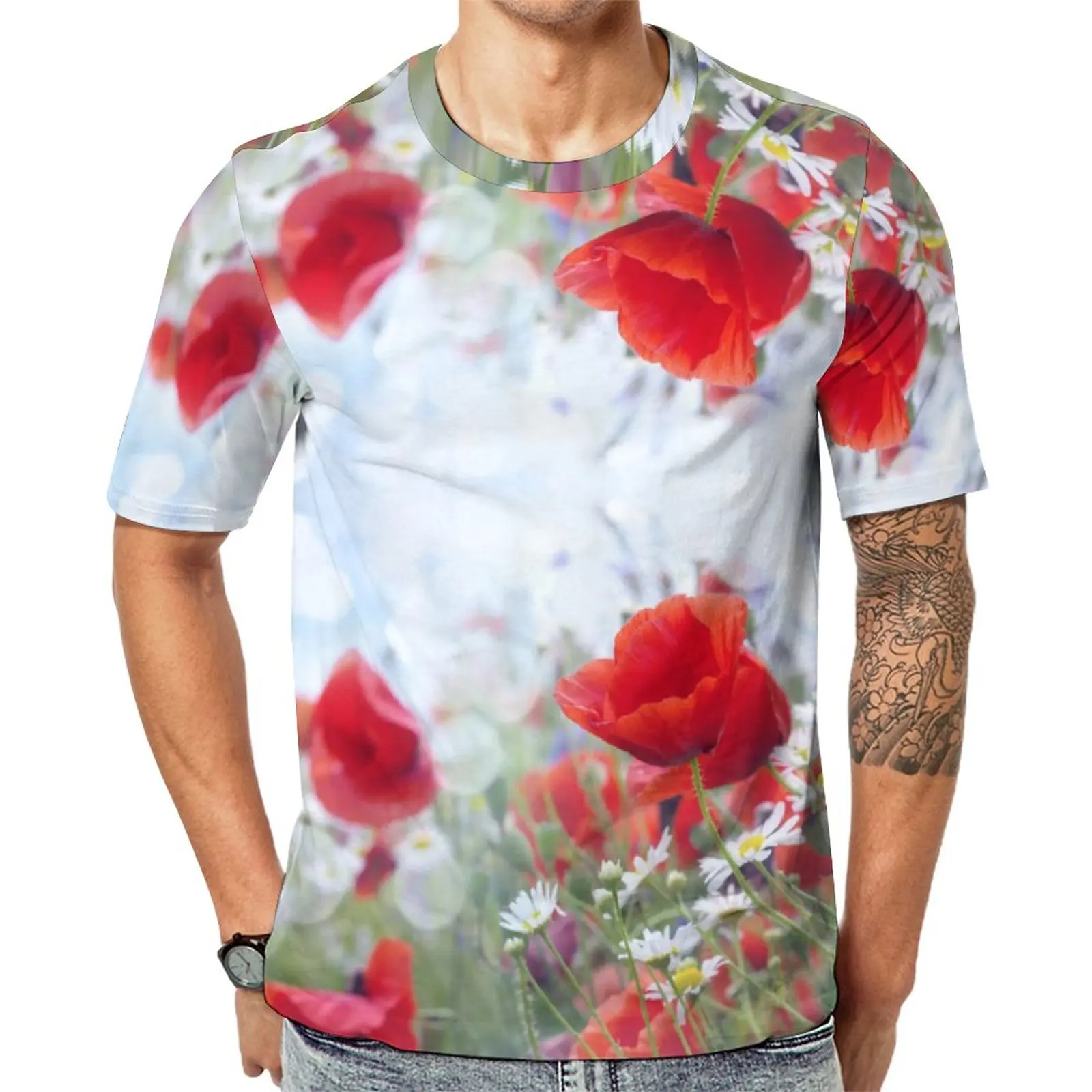 

Wall Mural Field of Red Poppy Flowers Classic Tees top Quality Fitness USA Size