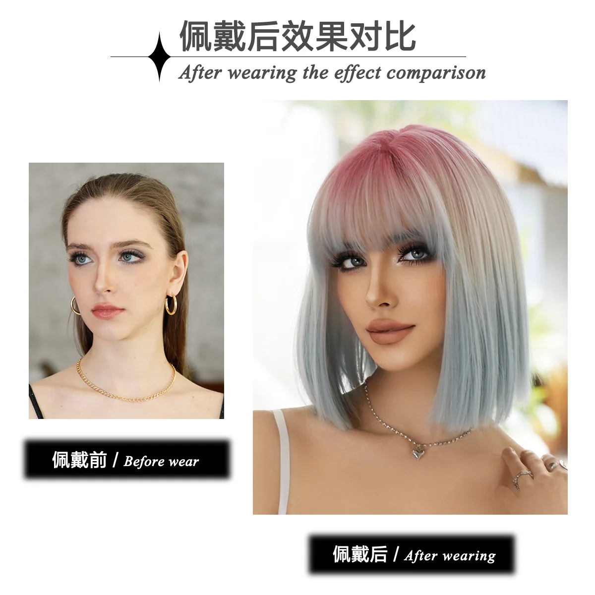 Фото Парик GUHUAN Pink Root Silver Blue Ombre, короткий боб с челкой, градиентный, прямой, из синтетических волос, термостойкое волокно, для косплея №2