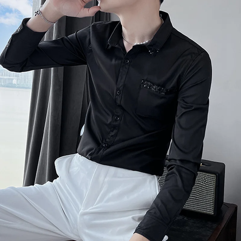 2022 Autumn Sequin Decoration Men's Shirts Long Sleeve Slim Casual Shirt Social Party Tuxedo Blouse Nightclub Streetwear S-5XL