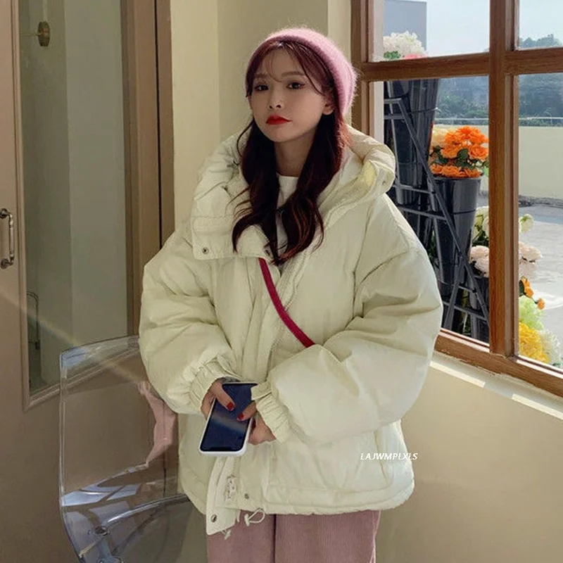 2021 Winter Cotton Coats Loose Solid Sweet Female College Coat Women Candy Color Outerwear Hooded Warm Pocket Elegant Jackets