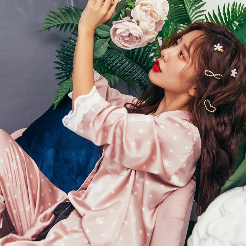 FALLINLAOE Print Fashion Women Pajama Set Sweet Lace Cuff Trousers Long Sleeve Suit Pyjamas