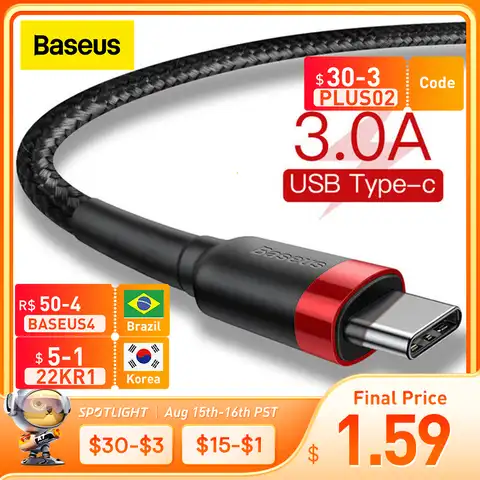 USB Type C кабель Baseus, зарядный кабель для Samsung S10 S9, Huawei P30, Xiaomi, быстрая зарядка 3.0