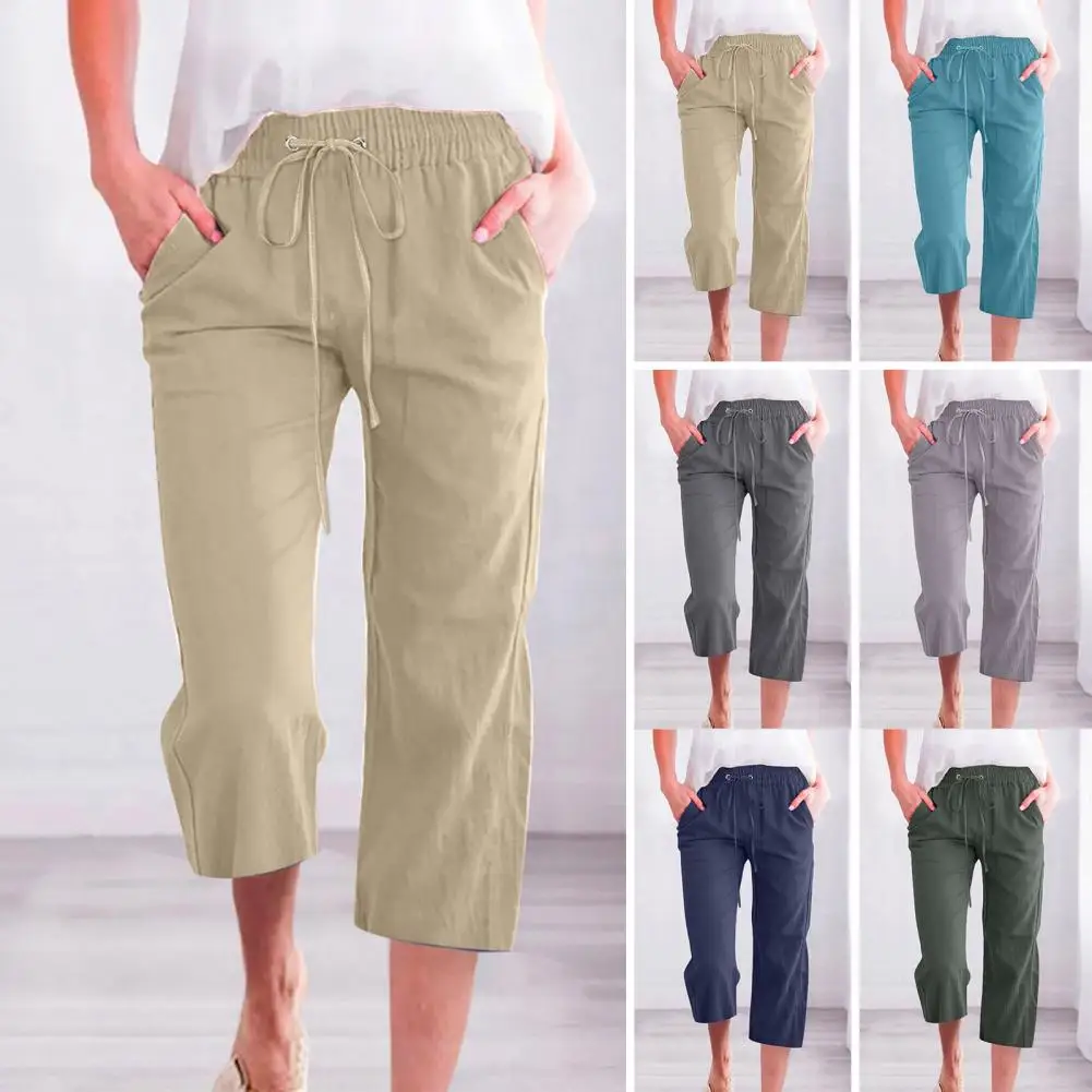 Fashion Women Summer Pants Sweatpants Solid Color Straight Soft Elastic Waist Drawstring Trousers Mid-calf Length Cropped Pants