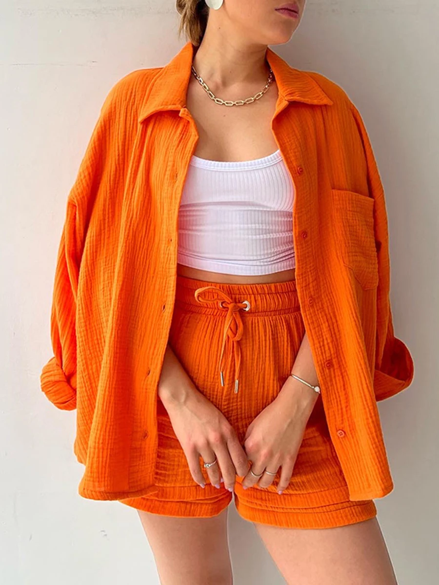 

Женские костюмы из 2 предметов, рубашка с отложным воротником и длинным рукавом, рубашка с высокой талией и эластичные шорты на шнуровке, модная уличная одежда