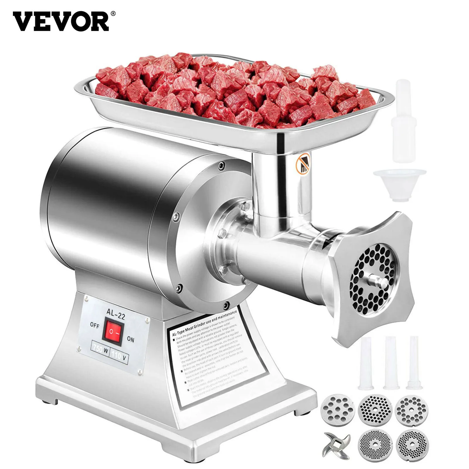 Электрическая мясорубка VEVOR, 250 кг/ч, 1 л.с., 750 Вт, Кухонная техника, Мясорубка из нержавеющей стали 225 об/мин для домашнего или промышленного использования