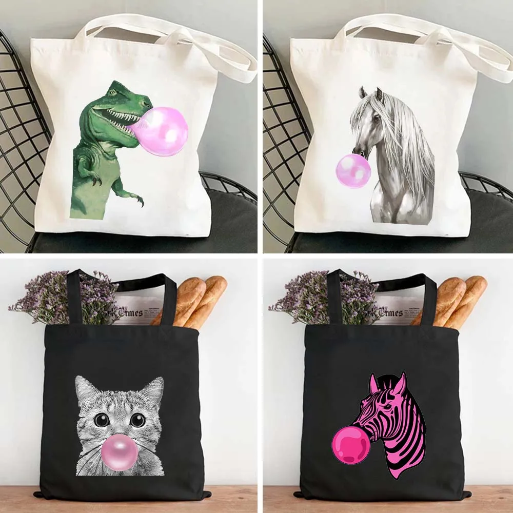 

Cute Animal Sloth Llama Zebra Cat Panda Bubble Gum Dinosaur Women's Canvas Shoulder Shopper Tote Bag Cotton ECO Shopping Handbag