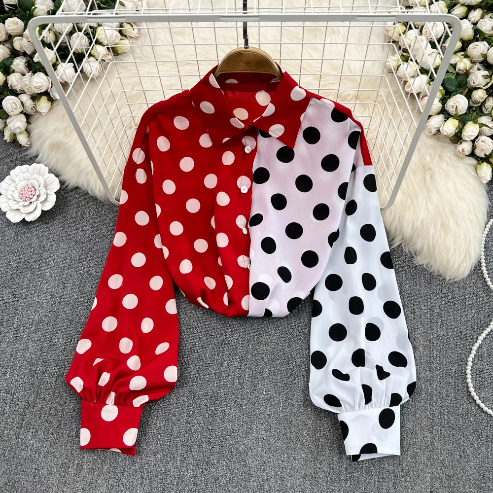 

Autumn Retro Temperament Lantern Long-sleeved Contrast Color Polka Dot Shirt Women's Western Style Lazy Style Loose Hong Kong St